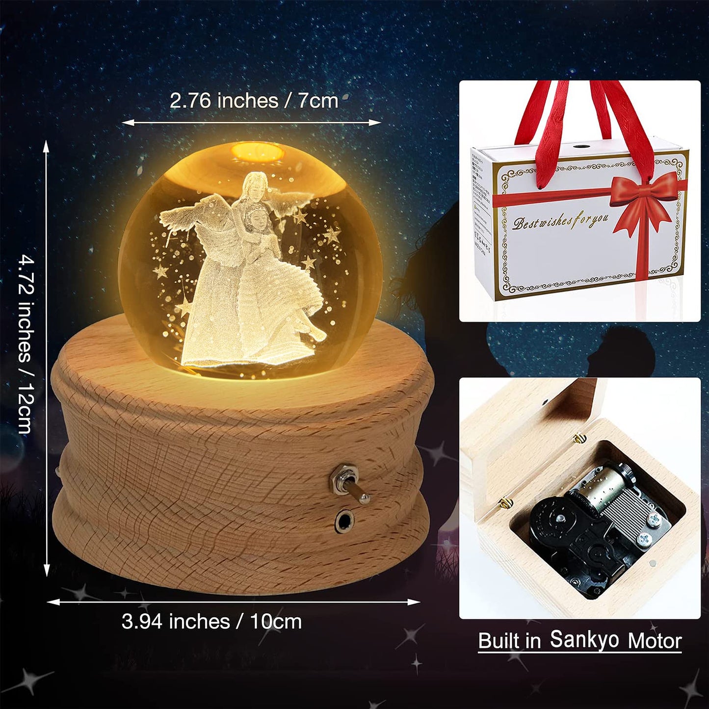 Kibuhain 3D Crystal Ball Music Box with Projection LED Light and Rotating Wooden Base, Best Gift for Christmas,Valentine's Day, Music Boxes for Women Mom Girls-Castle in The Sky