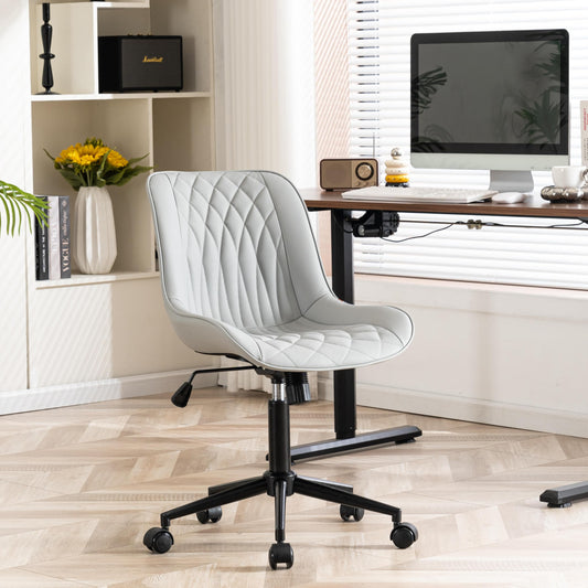 YOUNIKE Grey Ergonomic Home Office Desk Chair Armless Comfy Small Criss Cross Chair with Wheels Swivel Adjustable Modern Vanity Chair Wide Back Cute Leather Upholstered Rolling Task Chair No Arms