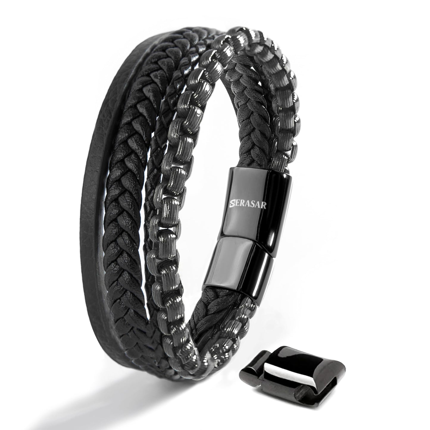 SERASAR Pulsera de Cuero Negro para Hombre, 17cm, Caja Regalo, Real, Piel Vaca, Ajustable, Cierre Magnético, Cuerda Envoltura, Masculino, Pulseras, Banda, Joyas, Imán