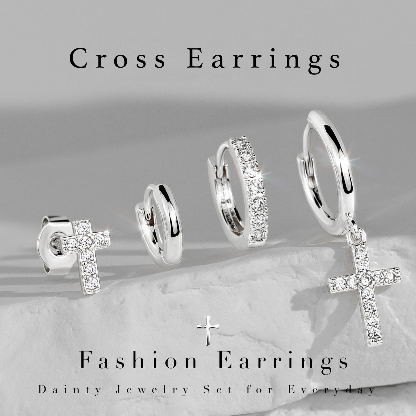 Cross Earrings for Women, Gifts for Christian, Christian Catholic Religious Baptism Gift for Men Women Faith, Jesus Stuff, Cute Christian Silver Jewelry Set Conch Helix Rook Tragus Earring Sets for Multiple Piercing Gifts Trendy Stuff