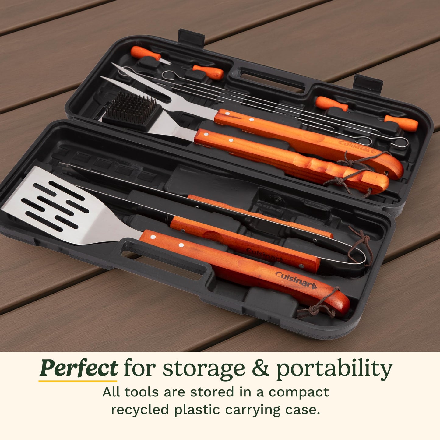 Cuisinart 13-Piece Wooden Handle Grill Tools Set, Grill Utensils Set BBQ Accessories, Durable Stainless Steel Spatula, Tongs, Cleaning Brush & More, Compact Case, Grilling Gifts for Men, CGS-W13