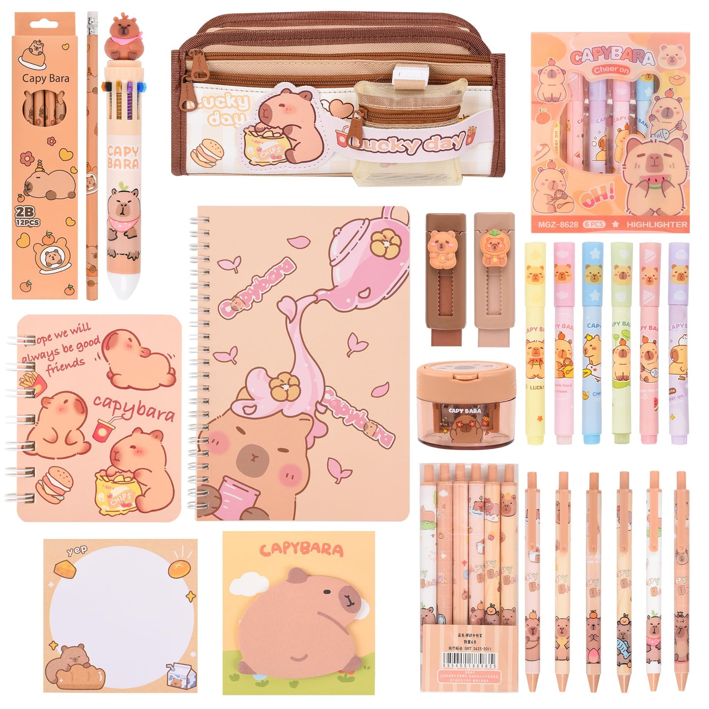 Ulema 33Pcs Cute Capybara Stationery Set,Capybara Birthday Gifts for Boys Girls School Supplies,Capybara Set with Compartments Gel Pens, Pencils, Erasers, Pencil Sharpener etc, Classroom Rewards.