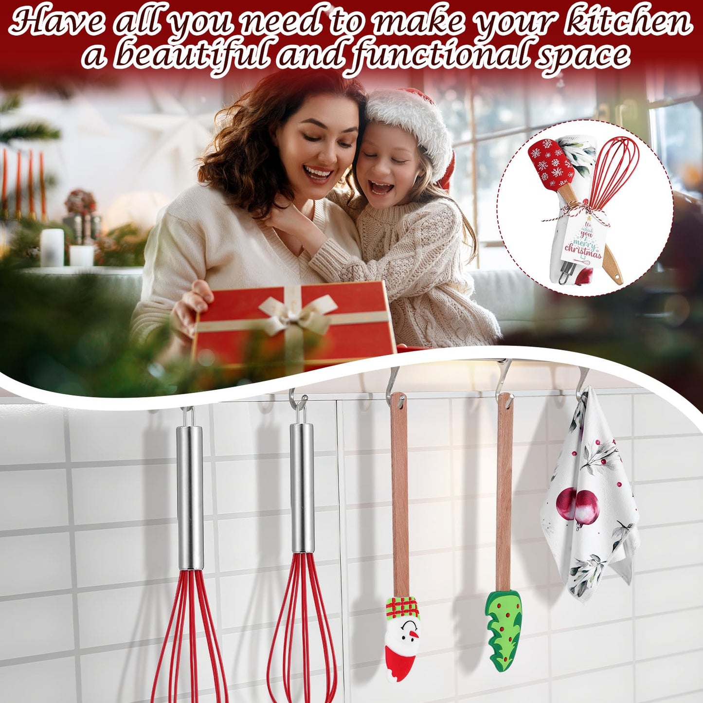Mimorou 6 Sets Christmas Whisks Kitchen Gifts Stainless Steel Whisks Silicone Spatulas Towels Greeting Cards Rope for Neighbor Employee Baking Gift Xmas Cooking Supplies