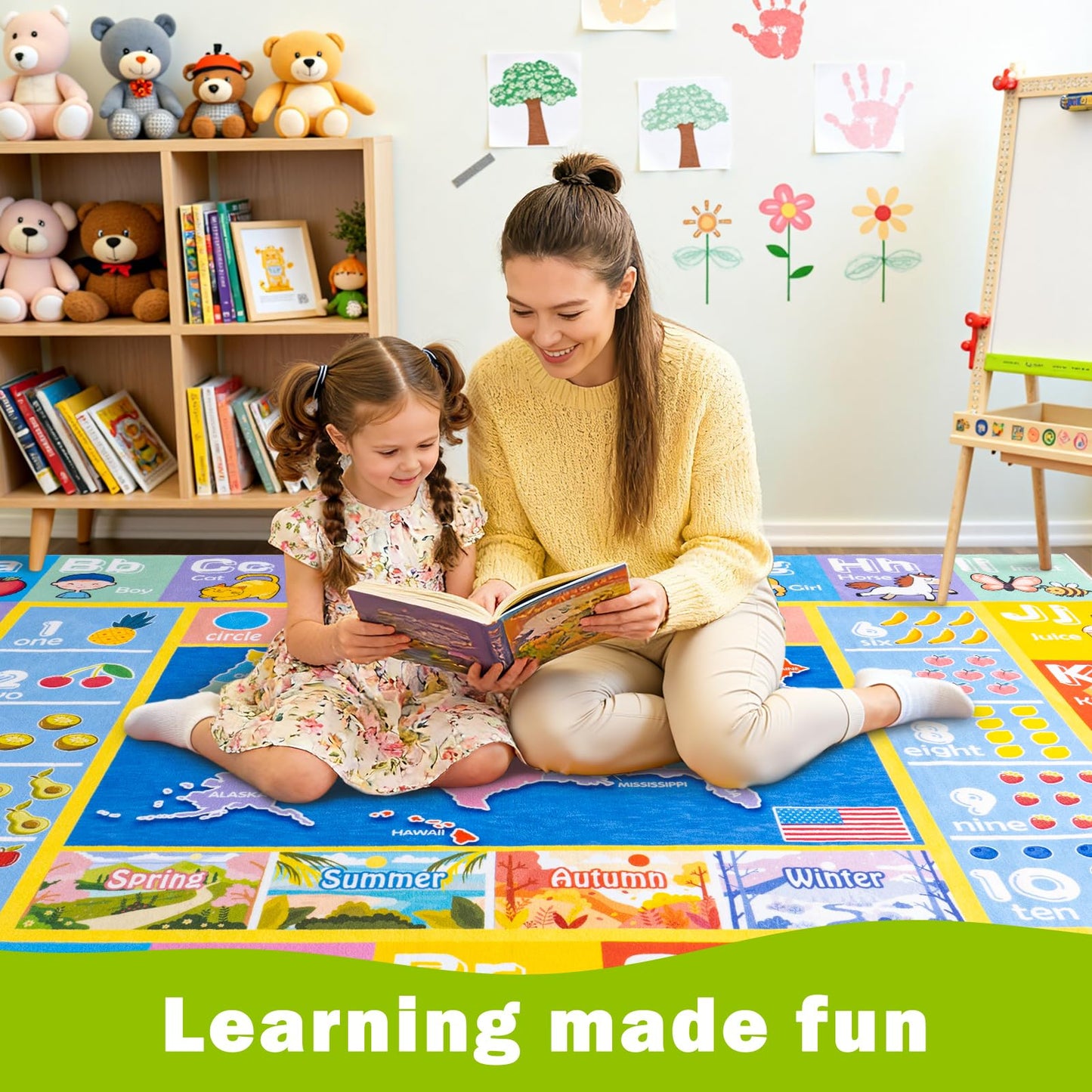 OHDS Kids Rugs for Playroom - Soft & Non-Slip 5x7 Feet Educational Rug for Learning ABC Alphabet, Numbers, Shapes & Map, Washable Classroom Rug for Toddler Nursery & Kids Room Decor