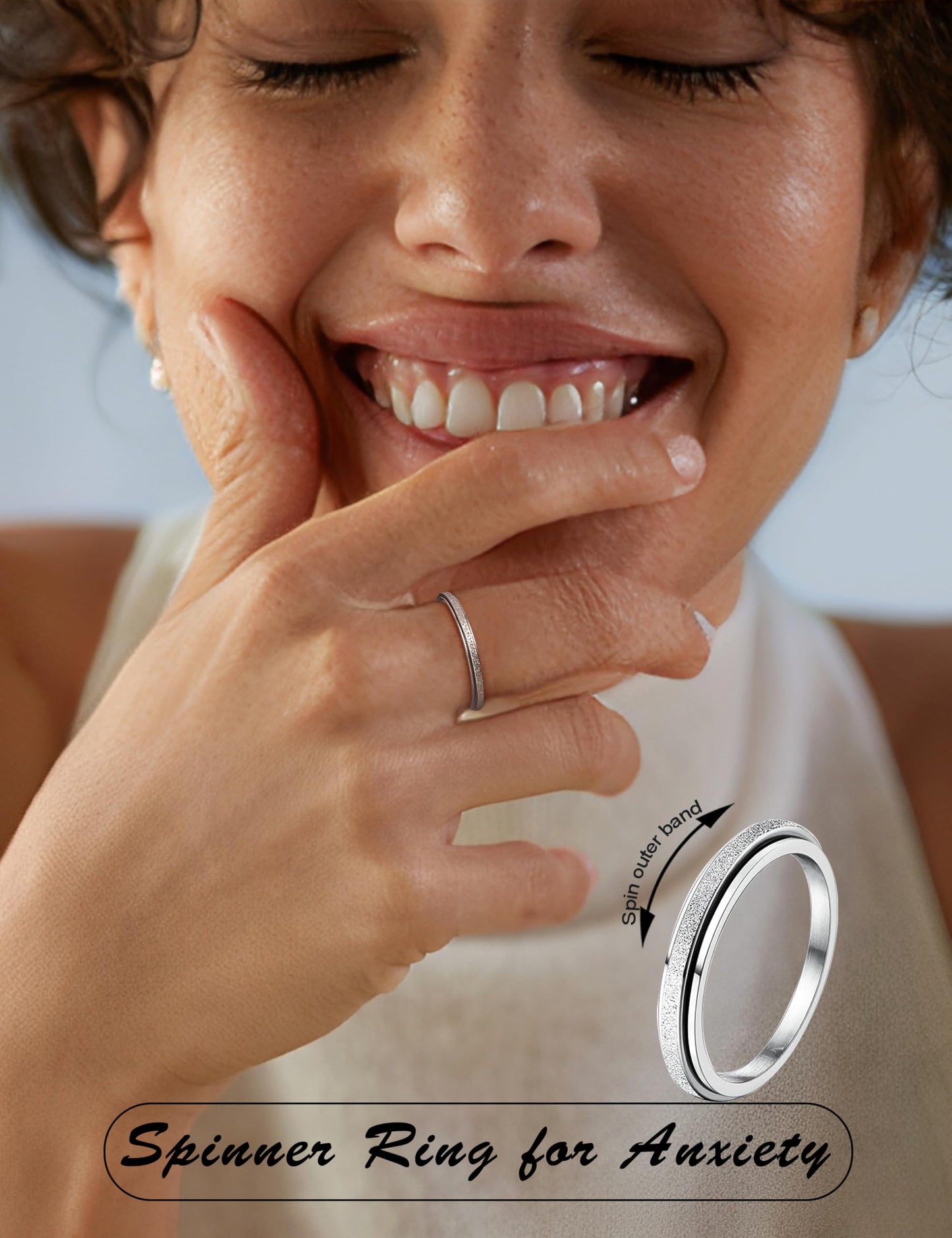Diamday Fidget Rings for Women Men - 2mm Silver Spinner Stainless Steel Ring for Anxiety Stress Relief Glitter Sandblast Spinning Figit Anxiety Jewelry for Wedding Promise Size 9