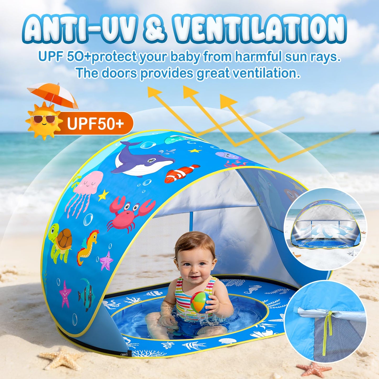 AZDYJL Baby Beach Tent with Pool, Pop Up Beach Tent UV Protection Sun Shelter for Infant Toddlers, Portable Shade Pool Tents Baby Beaches Essentials with Carry Bag for Outdoor, Travel, Camping