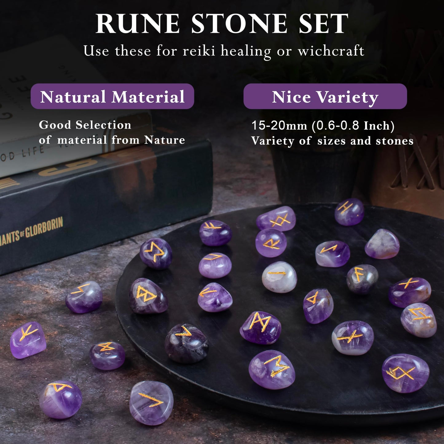 Crocon Amethyst Gemstone Rune Stones Set with Elder Futhark Alphabet Engraved Symbol 25 pcs Set for Feng Shui Chakra Balancing Reiki Healing Crystal Runes Stones Set Size: 15-20 mm