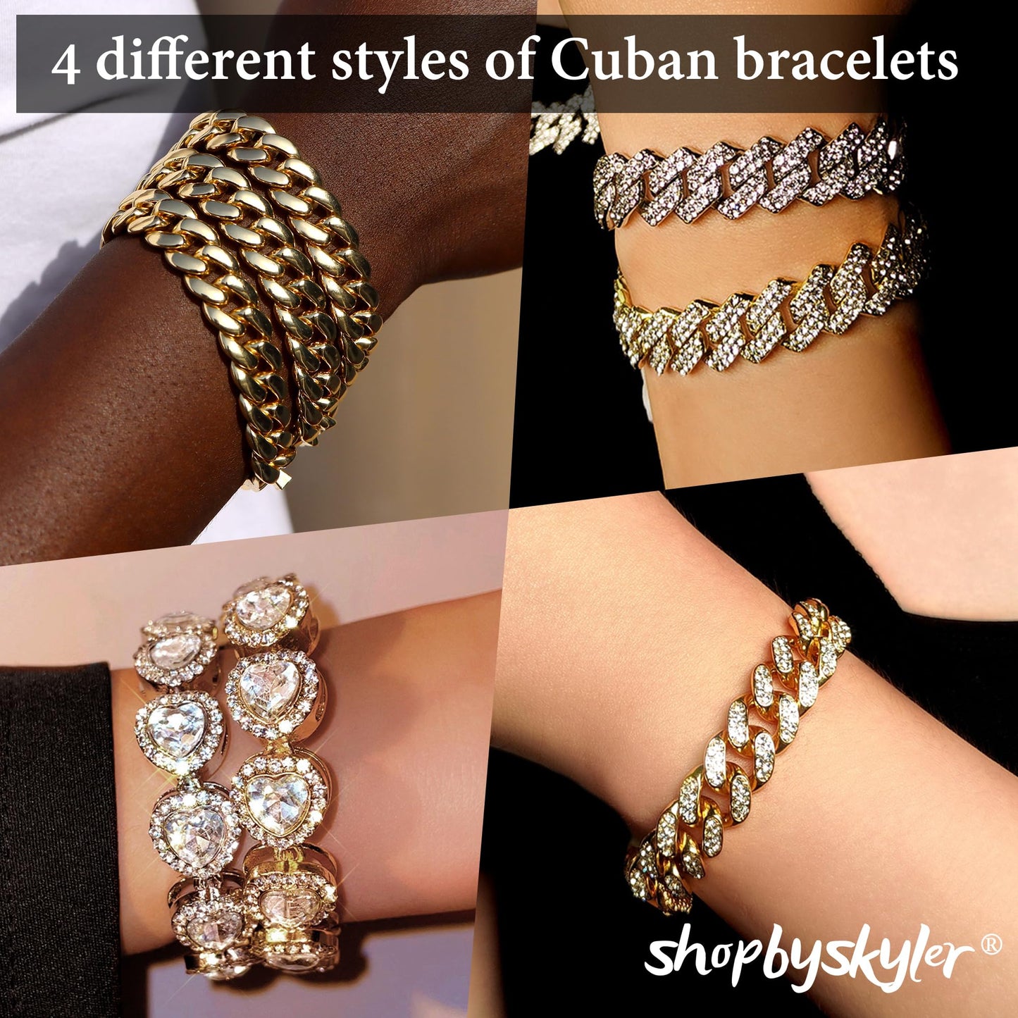 shopbyskyler 4PCS Gold Bracelets for Women Silver Clustered Tennis Bracelet for Women Heart Round Diamond Cuban Bracelet Layered Link Bracelet Set Fashion Jewelry (Gold-2, 8inch)
