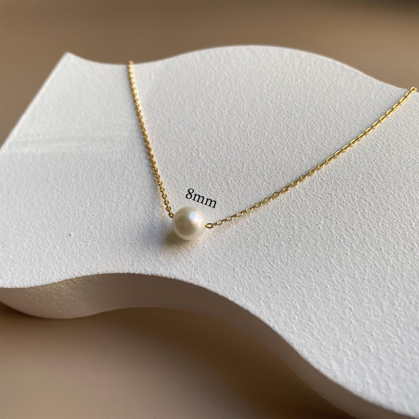 Trinckle Single Pearl Necklace, 8MM Pearl Pendant Necklaces for Women 14K Gold Dainty Strands Necklace Simple Floating Pearl Charm Gifts for Women as Girlfriend Brides Prom Gifts