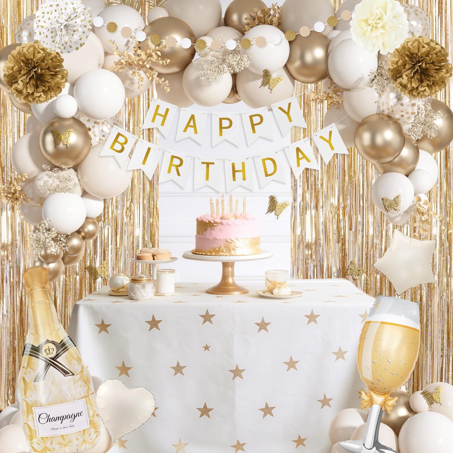 Ouddy Life White Gold Birthday Party Decorations Kit for Women Girls, Happy Birthday Banner, Sand White Metallic Gold Foil Confetti Balloons, Fringe Curtain, Cake Topper, Pompoms, Butterfly Supplies