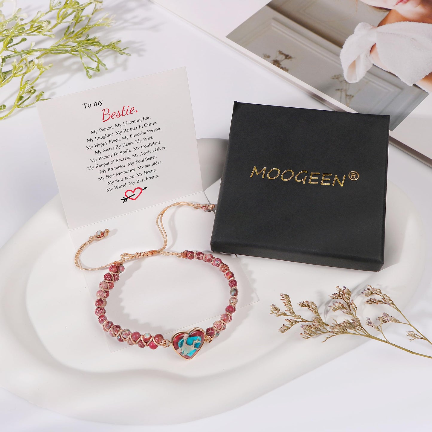 MOOGEEN Jasper Heart Beaded Bracelet for Women, Adjustable Chakra Bracelets for Best Friends, Friendship Gifts for Bestie, Valentines Day Christmas Gifts for Women, Unique Stone Wrap Bracelet