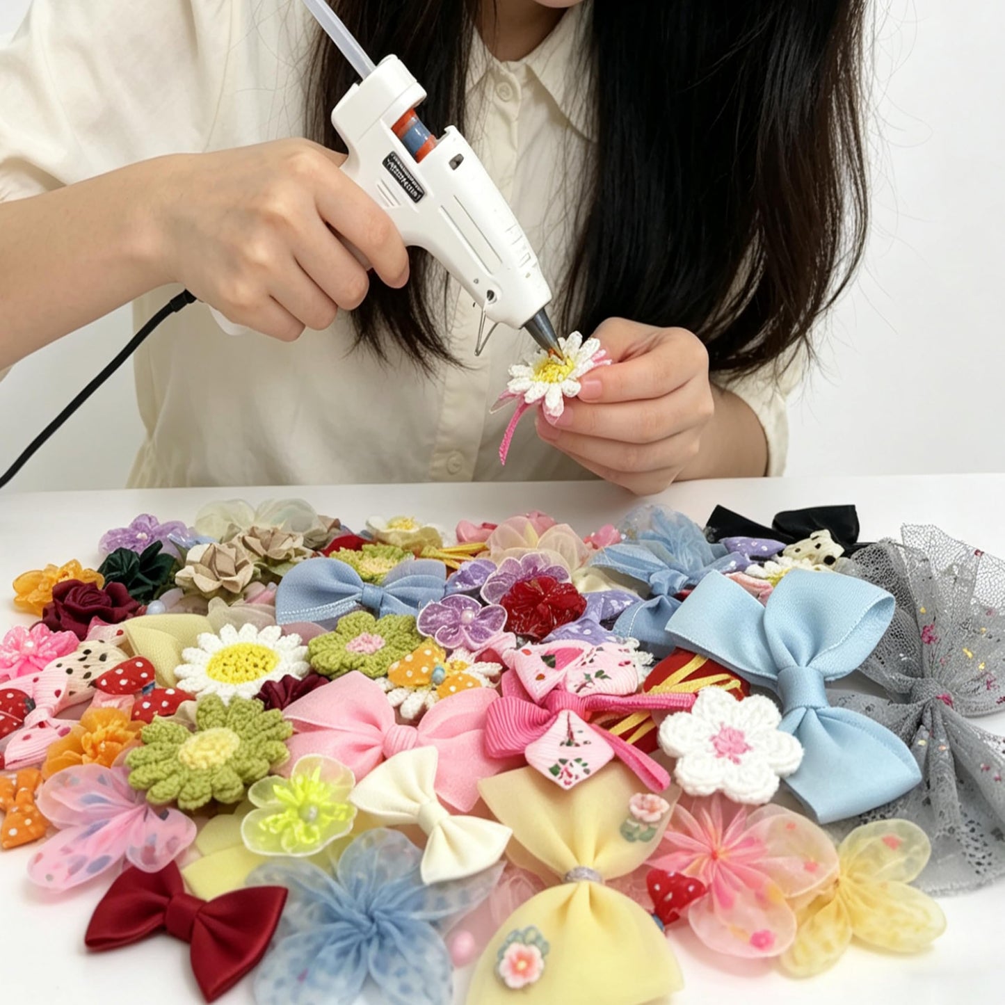 100 Pcs Satin & Organza Ribbon Bows Flower, Lace Patches Bead Appliques for Crafts, Sewing, Hair Bows, Headbands, Wedding Christmas Party Gift Decoration (Mixed)
