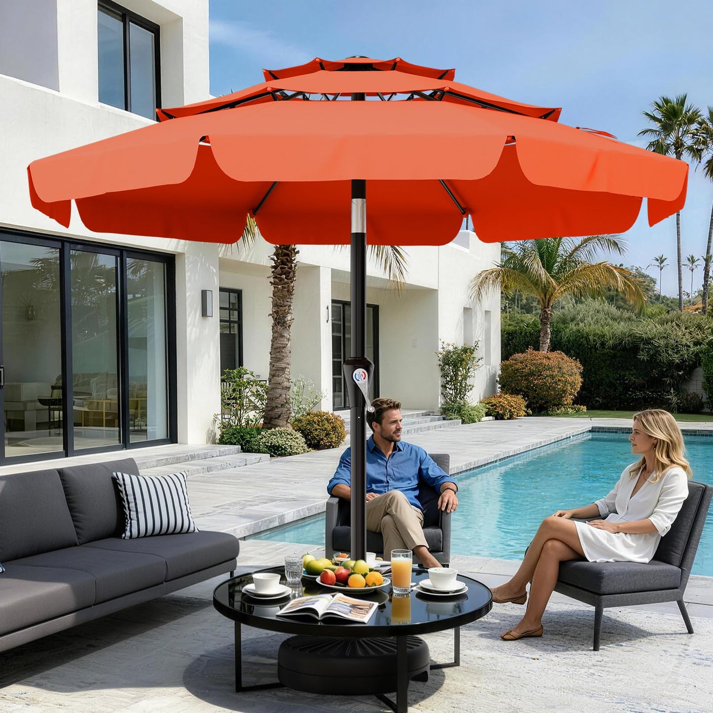 AreShark 9FT 3-Tiers Patio Umbrella with Valance, Outdoor Umbrellas with Crank/Tilt, Table Market Umbrella Vented w/ 8 Sturdy Ribs for Garden, Deck, Backyard, and Pool, Orange