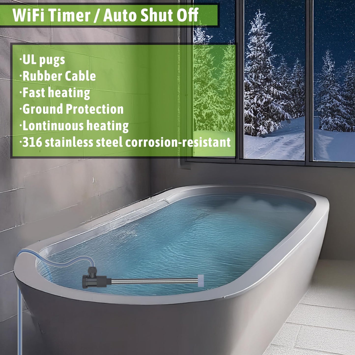 LINGLONGTEMP 2000W Submersible Immersion Water Heater for Hot Tub & Pool – Portable Electric Heater with Temp Control & WiFi Timer for Above Ground Pool, Inflatable Pool, Sap, Bathtub, & Baptism Pool