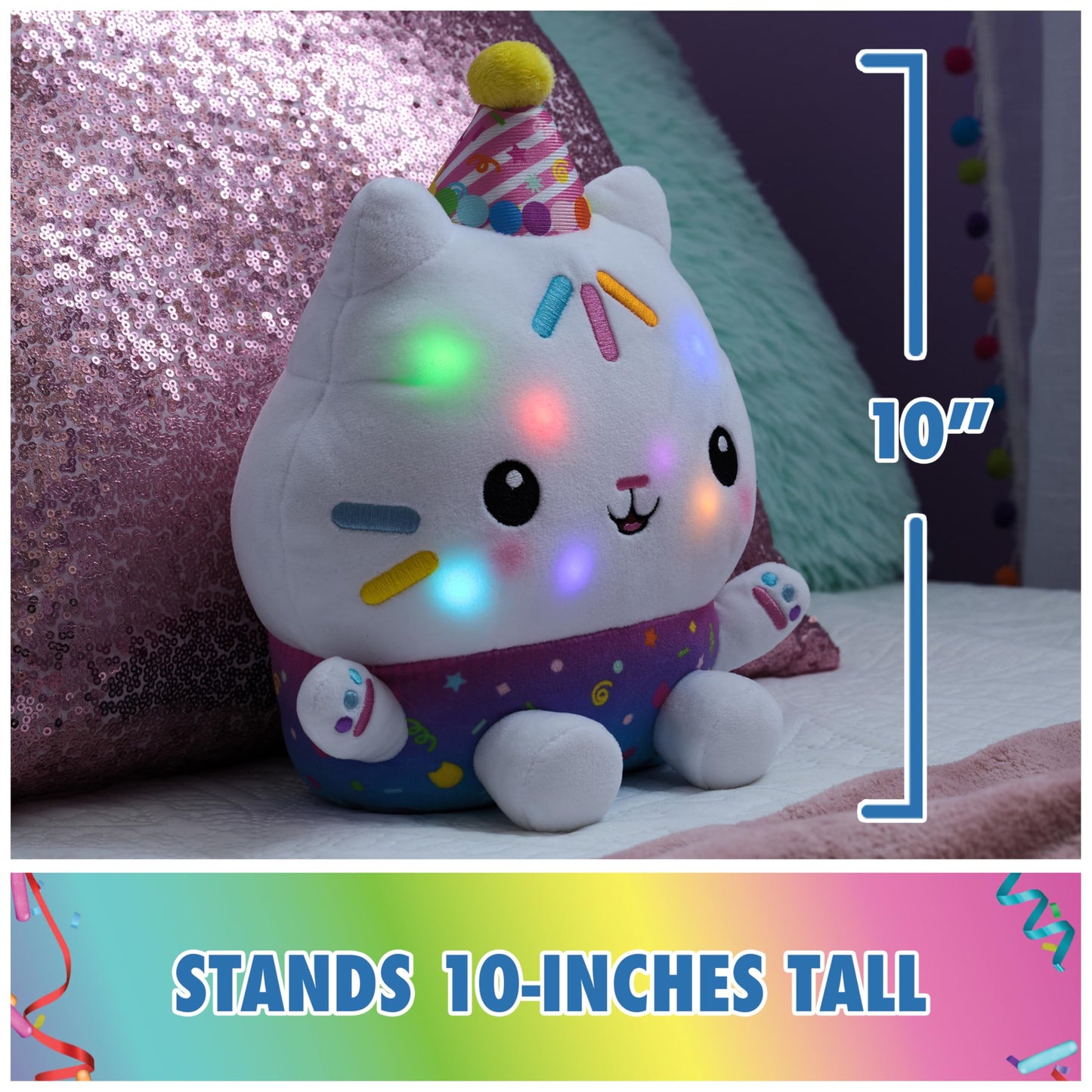 Gabby's Dollhouse Celebrations, Sprinkle Party Cakey Cat Plush, 10-Inch Interactive Stuffed Animal with Sounds, Kids Toys for Girls & Boys Ages 3+