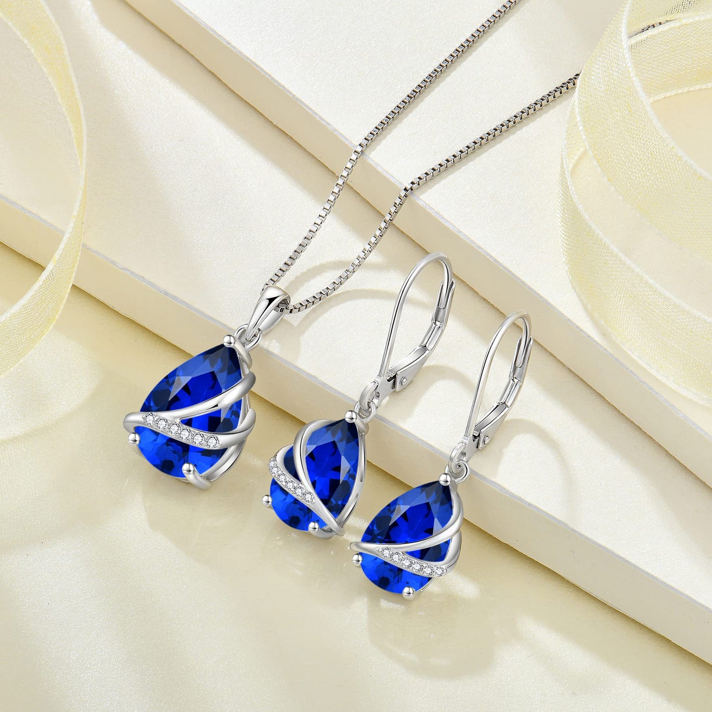 Rocayi September Birthstone Dangle Drop Earrings for Women 925 Sterling Silver Sapphire Earrings Teardrop Leverback Jewelry Gifts for Wife Girlfriend Mother Daughter Her