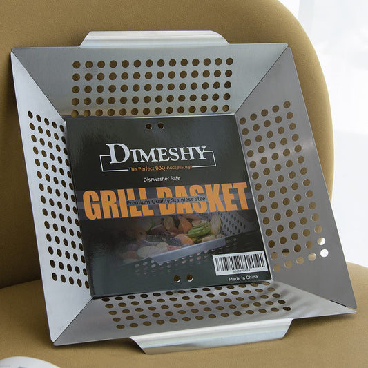 Stainless Steel Grill Basket, Large 12 Inches BBQ Accessories for Vegetable, Shrimps, Kabobs,Work for All Grill by DIMESHY