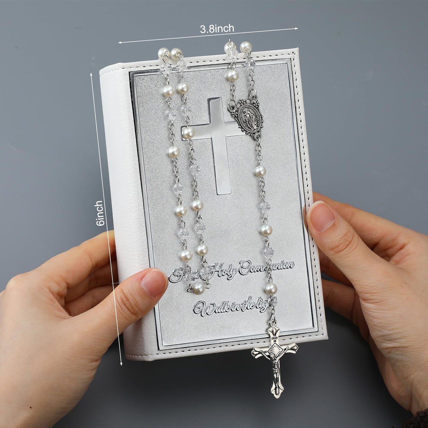 Liliaafar First Communion Rosary Beads Necklace Gifts with Engraved Keepsake Gift Box 20.5 Inch Stainless Steel Glass Beads Catholic Rosary with Cross for First Holy Communion