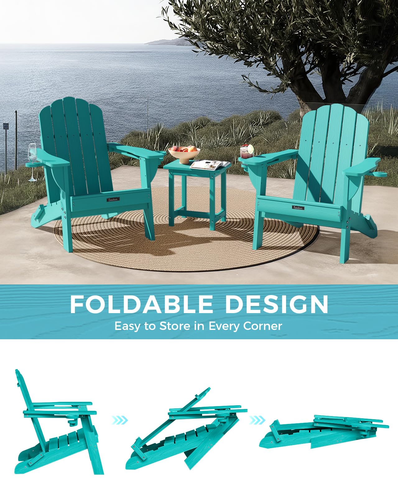 Eesdom Folding Adirondack Chair, HDPE Adirondack Chair with 2 Cup Holders, Pre-Assembled Outdoor Fire Pit Chairs for Patio, Garden, Poolside, Lakeblue
