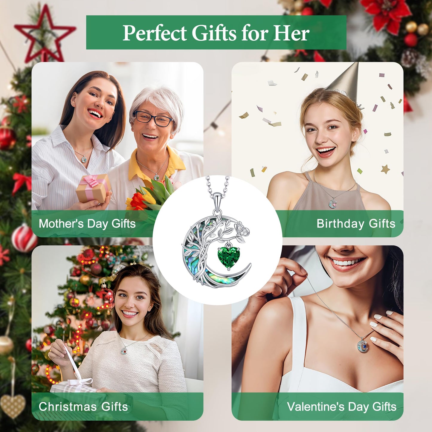 Distance Tree of Life Birthstone Necklace for Women, S925 Sterling Silver Premium Abalone Shell Moon Pendant May Heart Birthstone Necklace, Emerald Jewelry Christmas Birthday Gifts for Her Mom Wife