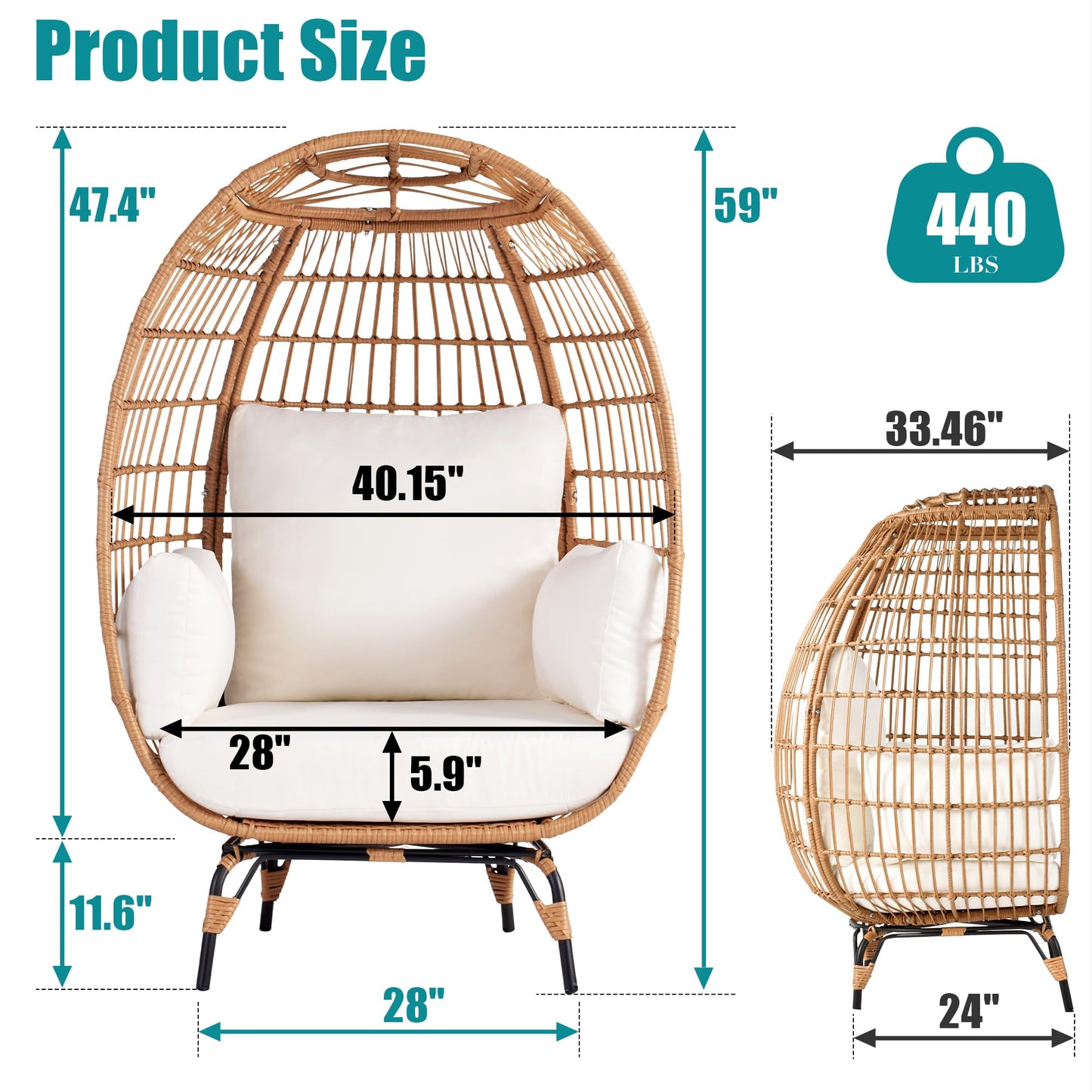 OTSUN Outdoor Egg Chair, PE Wicker Chair with 4 Thicken Cushions, Patio Chairs 440 lbs Capacity, Oversized Balcony Chairs with Durable Steel Frame Perfect for Balcony, Backyard, Bedroom-Ivory