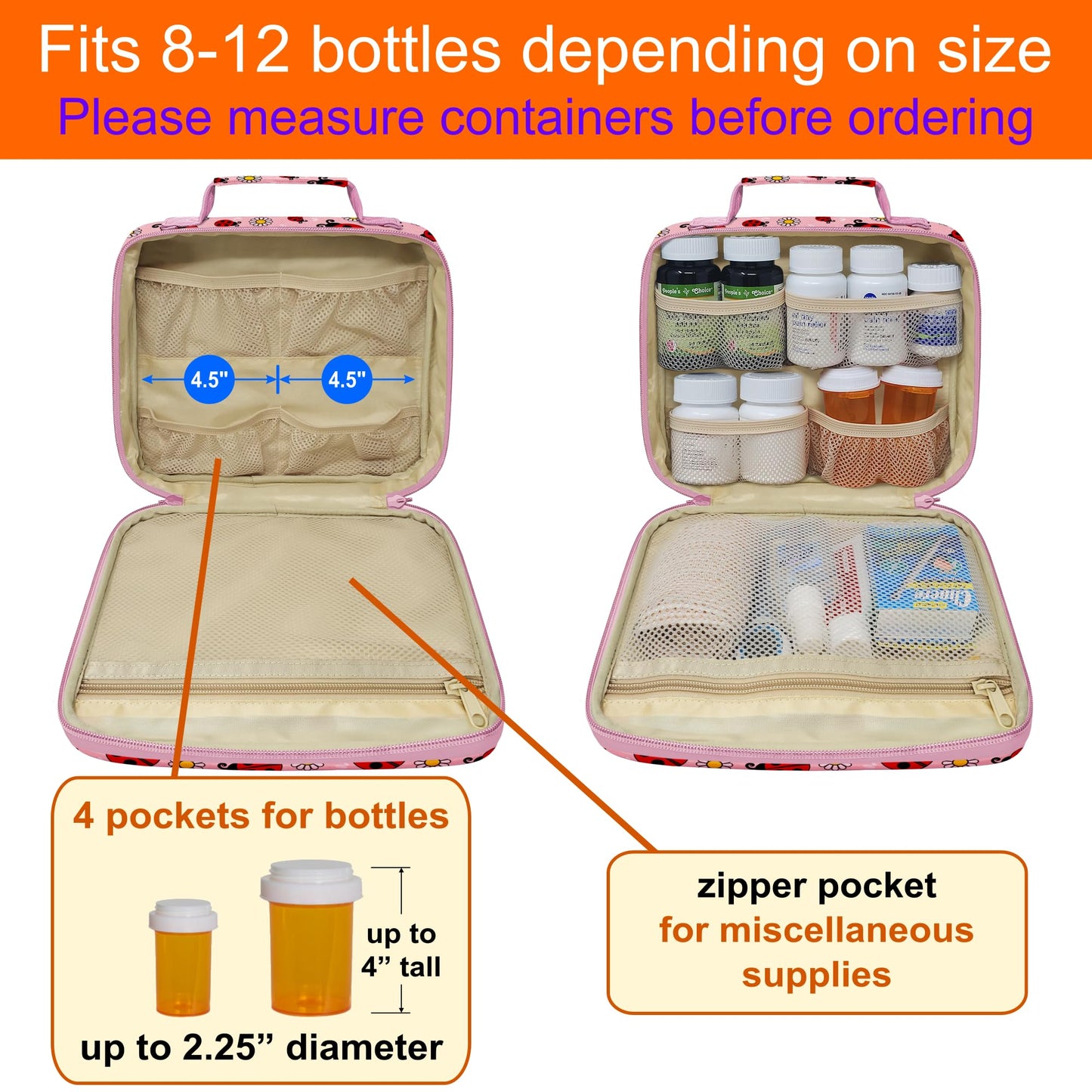 StarPlus2 Medium Travel Pill Bottle Organizer, Child Medicine Bag with Zipper Toy, Carrier for Kids Medications and Medical Supplies - Lady Bugs
