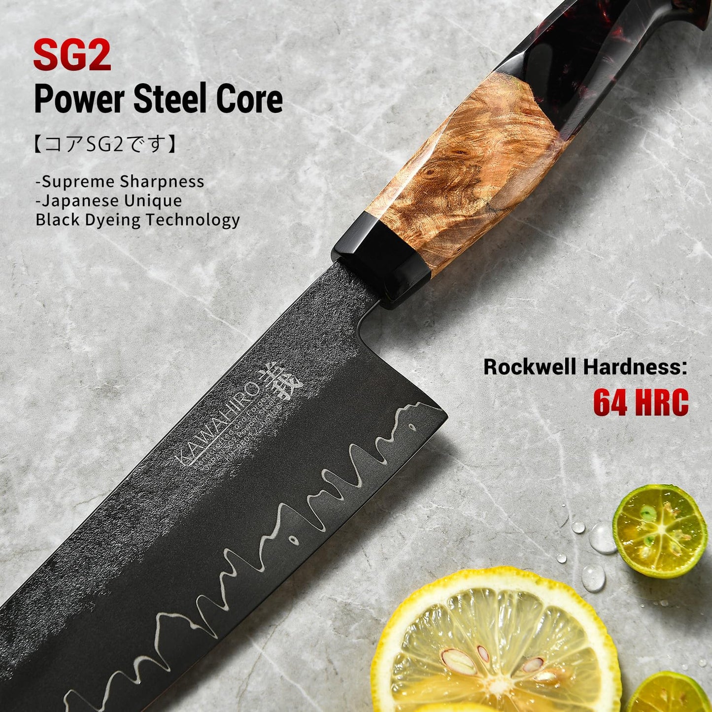 Japanese Blackened Gyuto Chef Knife, 8 Inch Hand Forged Tri-Ply SG2 Powder Steel Kitchen Knives, Professional Japan Chefs Knife with Luxurious Stabilized Wood Ergonomic Handle, Best Cooking Gifts