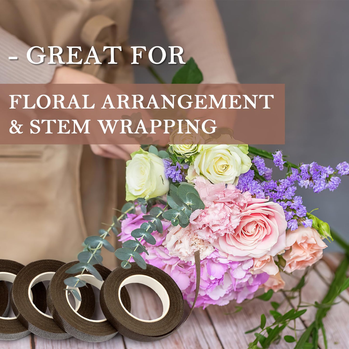 COIDEA 8 Packs Floral Tape, 1/2" Wide Flower Tape, Brown Floral Tape for Fresh Flowers, Adhesive Florist Tape for Floral Crafts, Bouquet Floral Arranging Stem Wrapping, Wedding Bouquet, 30Yard