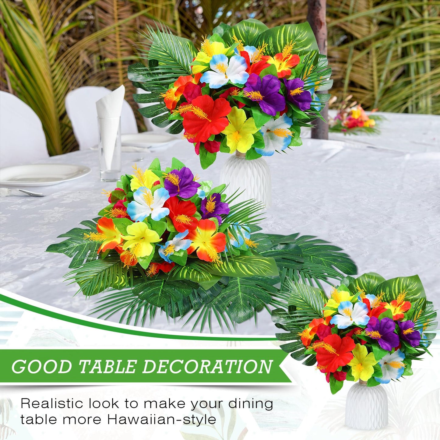 Hotop 24 Pcs Hawaiian Flower Centerpieces for Tables Artificial Palm Leaves Fake Hibiscus Flowers Tropical Party Decorations Supplies for Luau Safari Jungle Beach BBQ Theme Party Birthday Table Decor