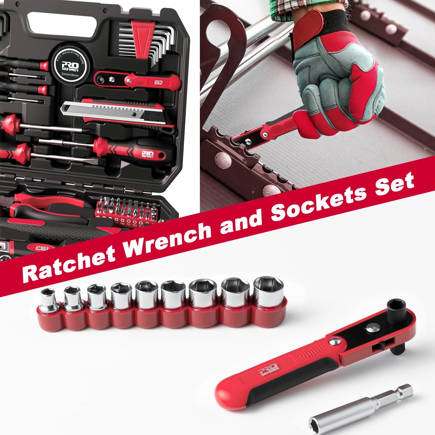 Prostormer 160-Piece Home Repair Tool Set, General Household Hand Tool Kit with Toolbox Storage Case for House, Garage, College Dorm and Office (Red)