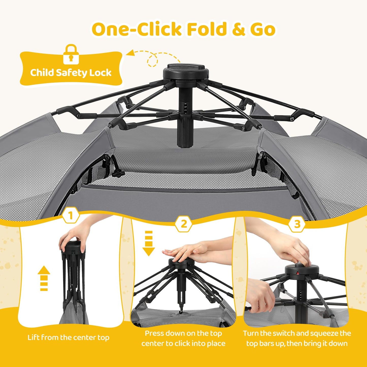 Dripex Pop Up Playpen for Babies and Toddlers with Built-in Pad & One-Click Safe Lock,Foldable Indoor/Outdoor Playpen with Roll-Up Door &Top Mesh Window, Portable Travel Play Pen &Baby Beach Tent,Grey