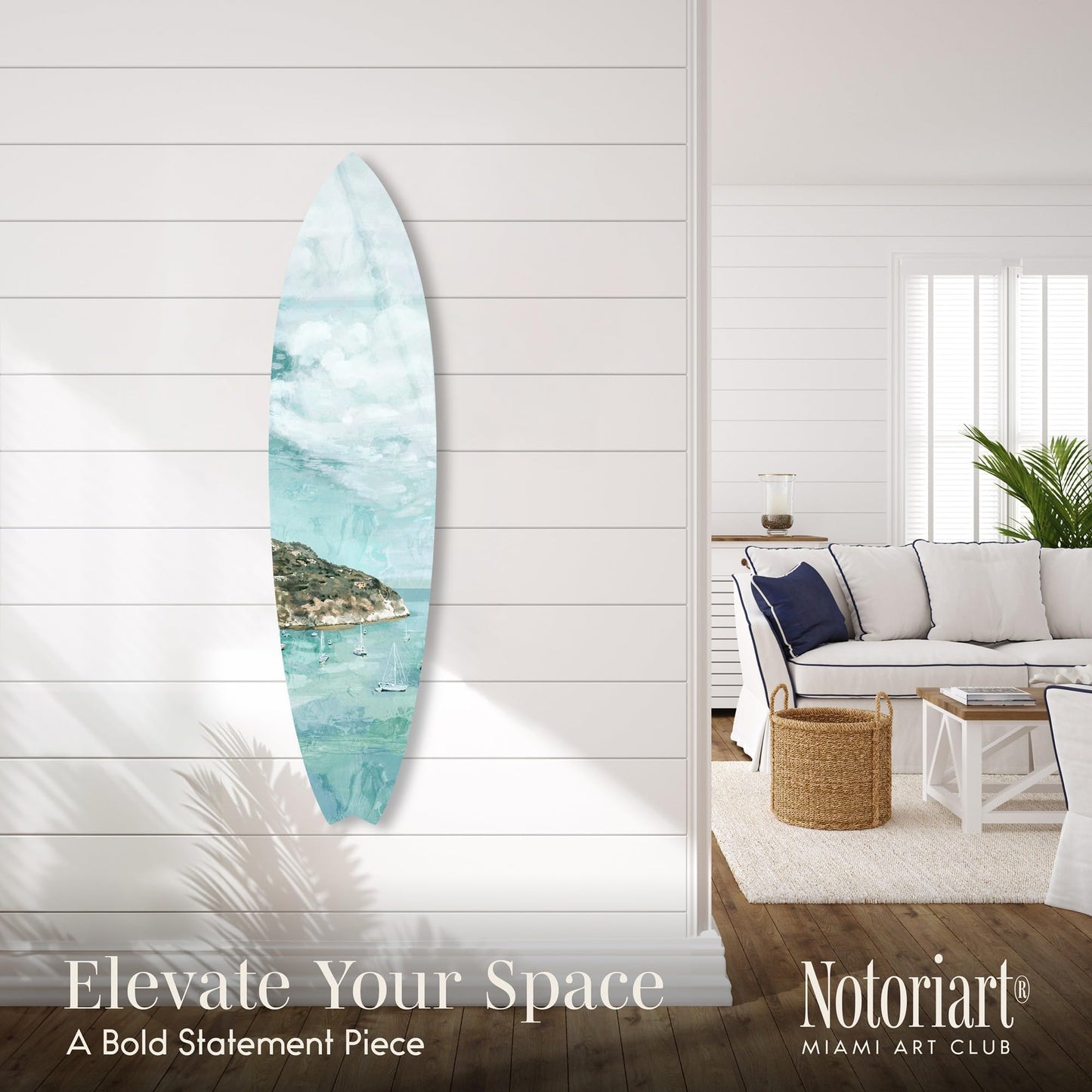 Notoriart Greek Vacation Surfboard Acrylic Wall Art Die-Cut Coastal Modern High-Gloss Home Decor, 15" x 60"