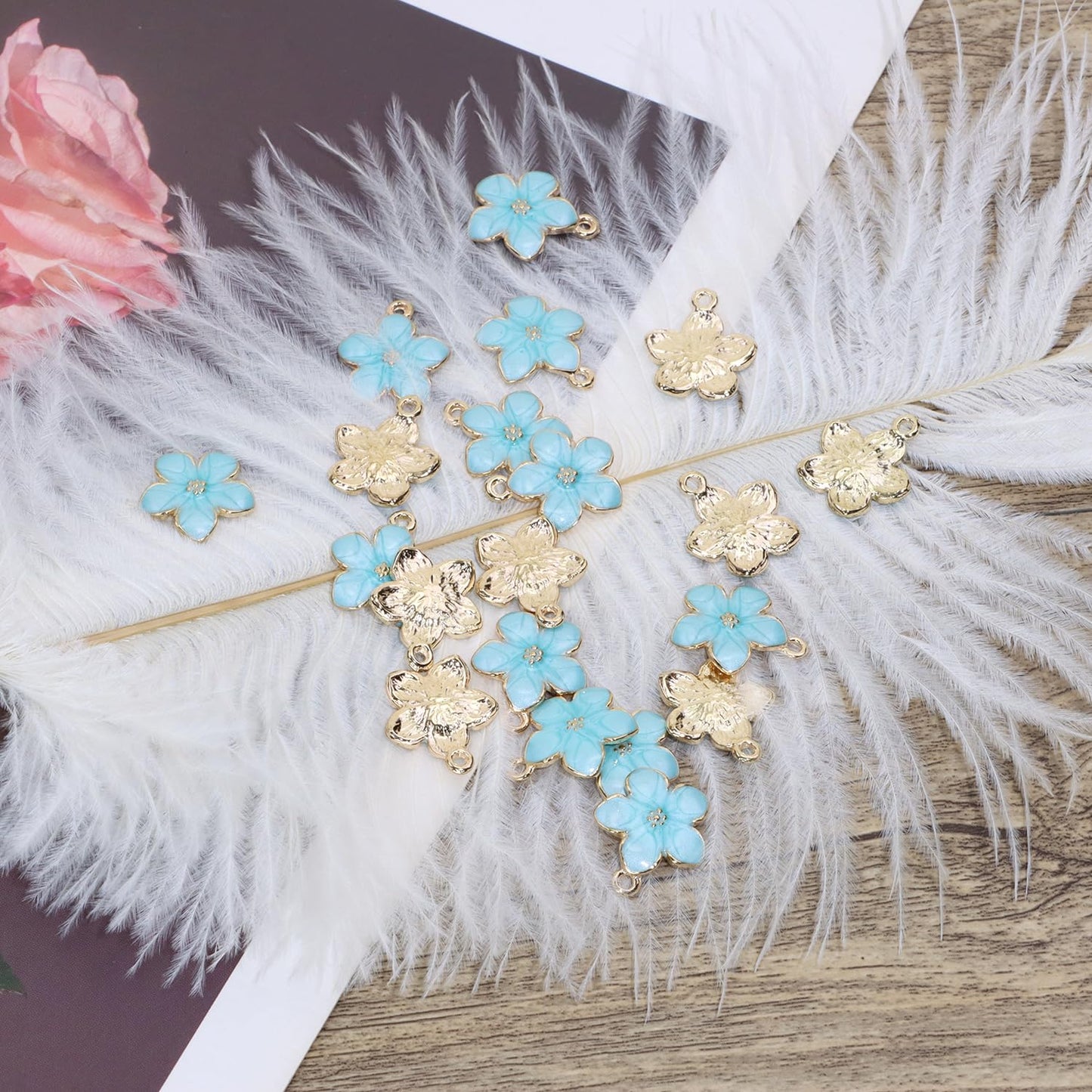 Tupalizy 100PCS Small Flower Enamel Charms Cherry Blossom Decor Gold Plated Pendant for Bracelets Necklaces Earrings Jewelry Making Findings Purse Keychains DIY Crafts Handmade Gifts Accessories,17x14mm,Blue
