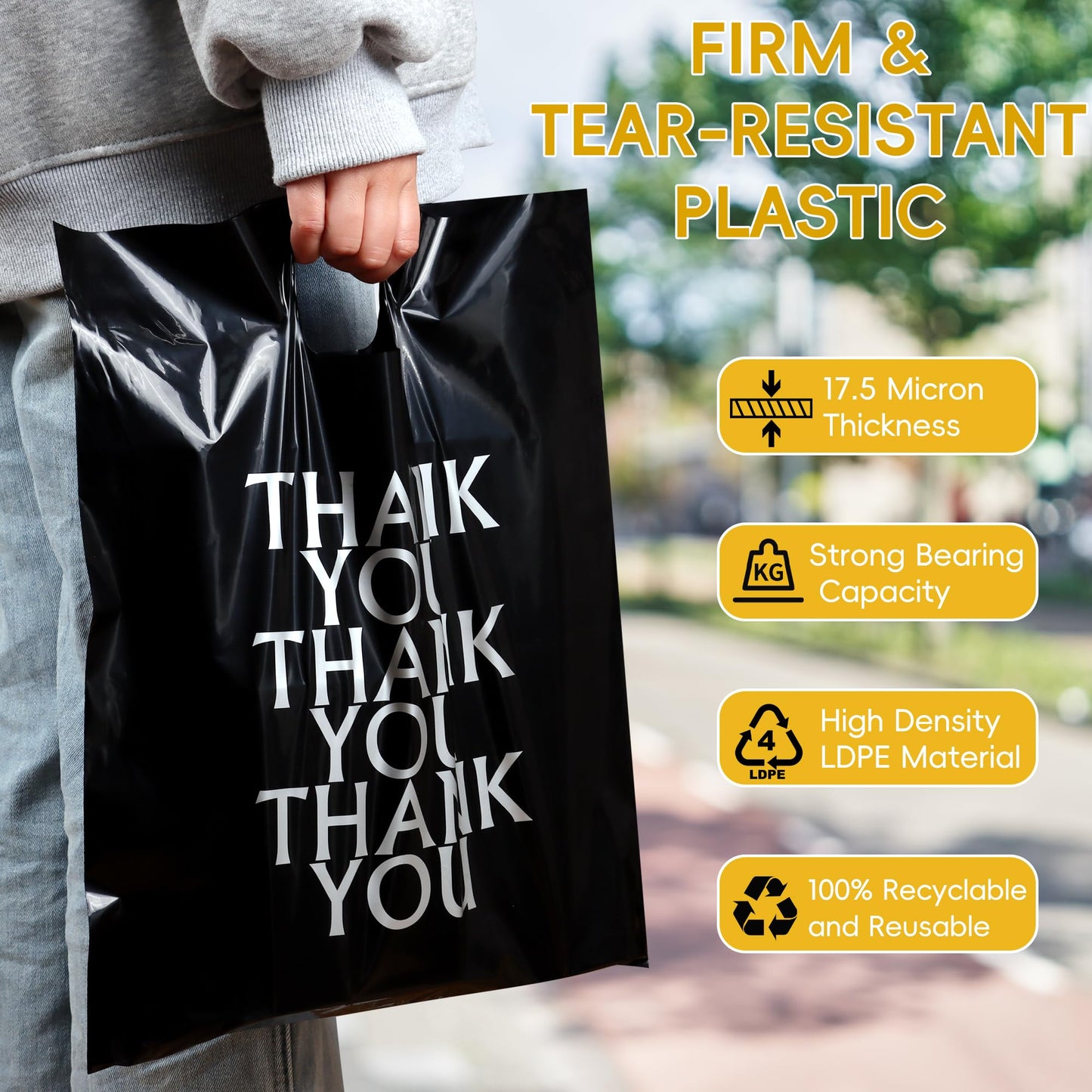 POPGIFTU Black Thank You Bags 12x15, 100 PCS Plastic Shopping Bags with Handles, Boutique Retail Bags for Small Business, Merchandise Gift Bags Bulk