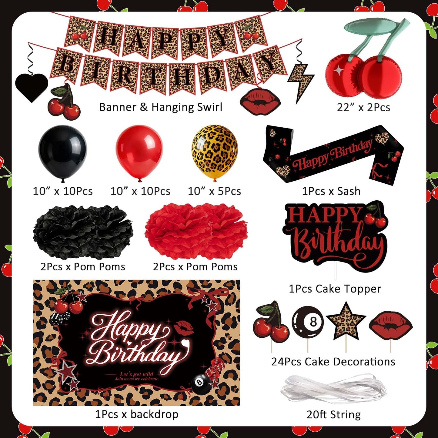 Cheetah Print Birthday Backdrop Decorations Kit, Black Red Cherry Leopard Print Balloons Birthday Banner Sash Hanging Swirls Pom Poms Cake Cupcake Topper for Girls Women