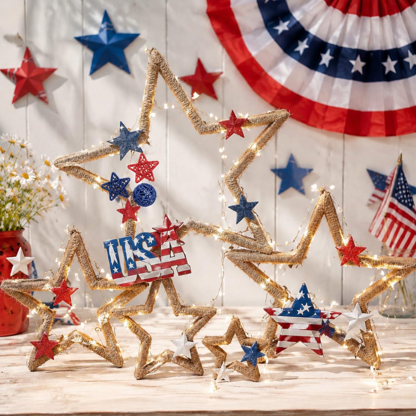 Vercraft 5 Pcs Lighted Wooden Stars Patriotic Star Table Centerpiece 4th of July Burlap Rope Tabletop Decor Signs for 250th Anniversary DIY Crafts Independence Day Memorial Day Party Office Home Shelf