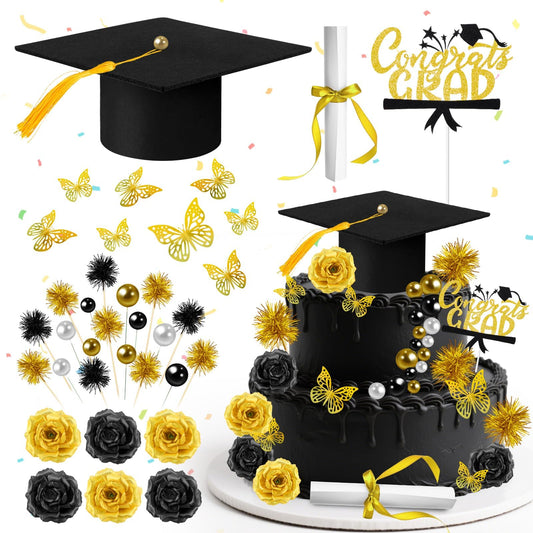 39 Pcs Graduation Cake Kit Includes Felt Graduation Cap Topper with Tassel Firework, 3D Butterfly Decor Beads, Flowers Diploma Cake Decorations, Cake Topper for 2026 Graduate Party (Black Gold).