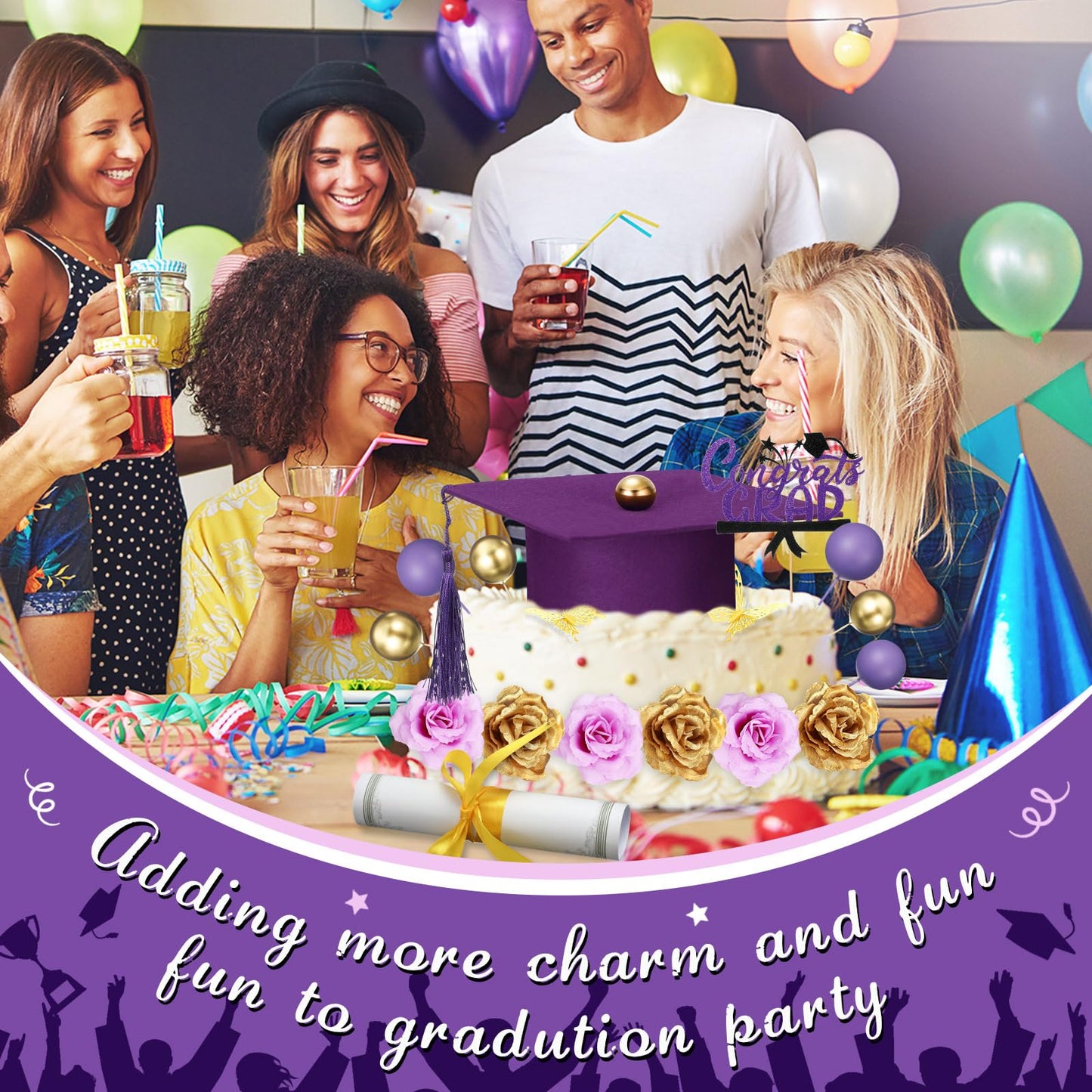 Jingmore Graduation Cake Kit Included Felt Graduation Cap Diploma Classic Black Congrats Grad Cupcake Toppers Beads Leaf Flowers Cake Decorations for Class of 2026 Party(Purple and Gold)