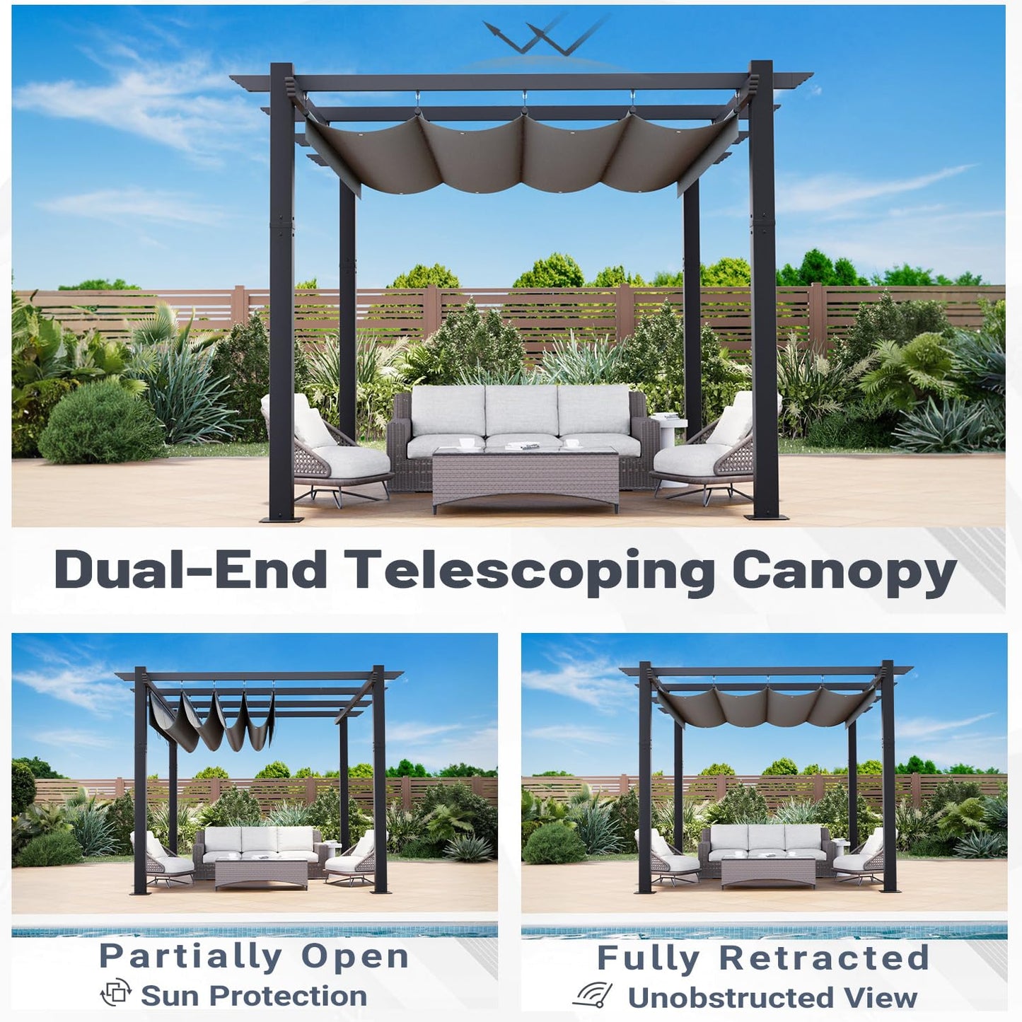 MELLCOM Retractable Pergola 10x12 Ft, Metal Shelter with Upgraded Sun Shade Canopy, Reinforced Frame Outdoor Pergola with Dual Adjustable Roof for Patio Garden Deck (Gray)
