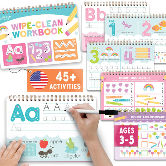 Hadley Designs ABC Tracing Books Kids Ages 3-5, Preschool Workbook Learn to Write, Dry Erase Writing Practice Kids Age 3-5, Letter Tracing Prek Workbook Age 4, Preschool Learning Activities Busy Book