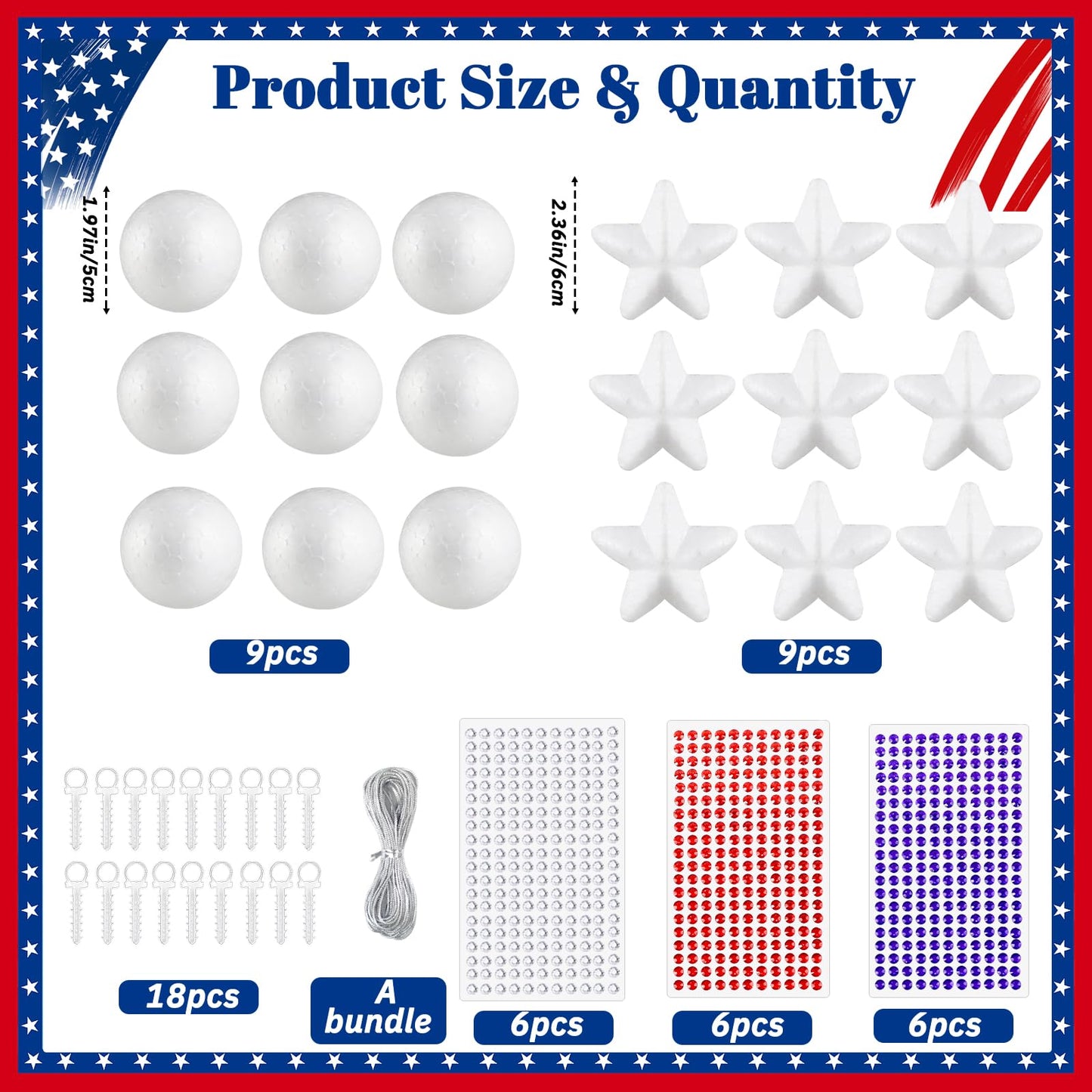 18 Set 4th of July Crafts Activities Kits Patriotic DIY Glitter Foam Star Ball Ornaments Independence Day Decorations Red White Blue Gem Stickers Memorial Day Art Set for Party Supplies Favor