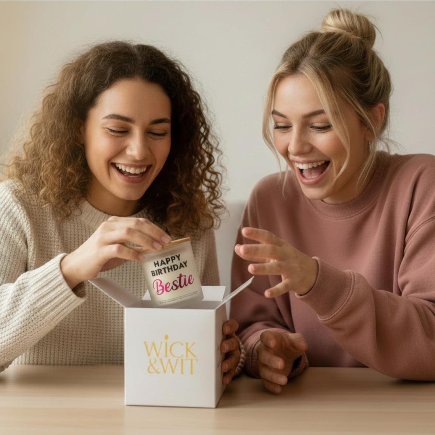 Wick and Wit Bestie Birthday Gifts for Women - Happy Birthday Bestie Gifts for Women Friend Friendship Soy Candle Gift Set for BFF Sister Coworker Vanilla Lavender Candle Ready to Gift Box