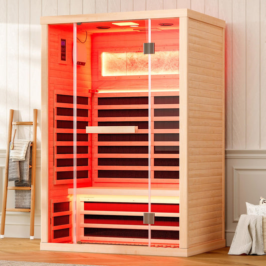 Albott Infrared Sauna 2 Person, Infrared Saunas for Home, Low EMF 110V Hemlock Wood Dry Sauna with Tourmaline Foot Warmer, 7-Color Light Therapy & Salt Crystal Bricks, 47.2"x34.2"x70.9"