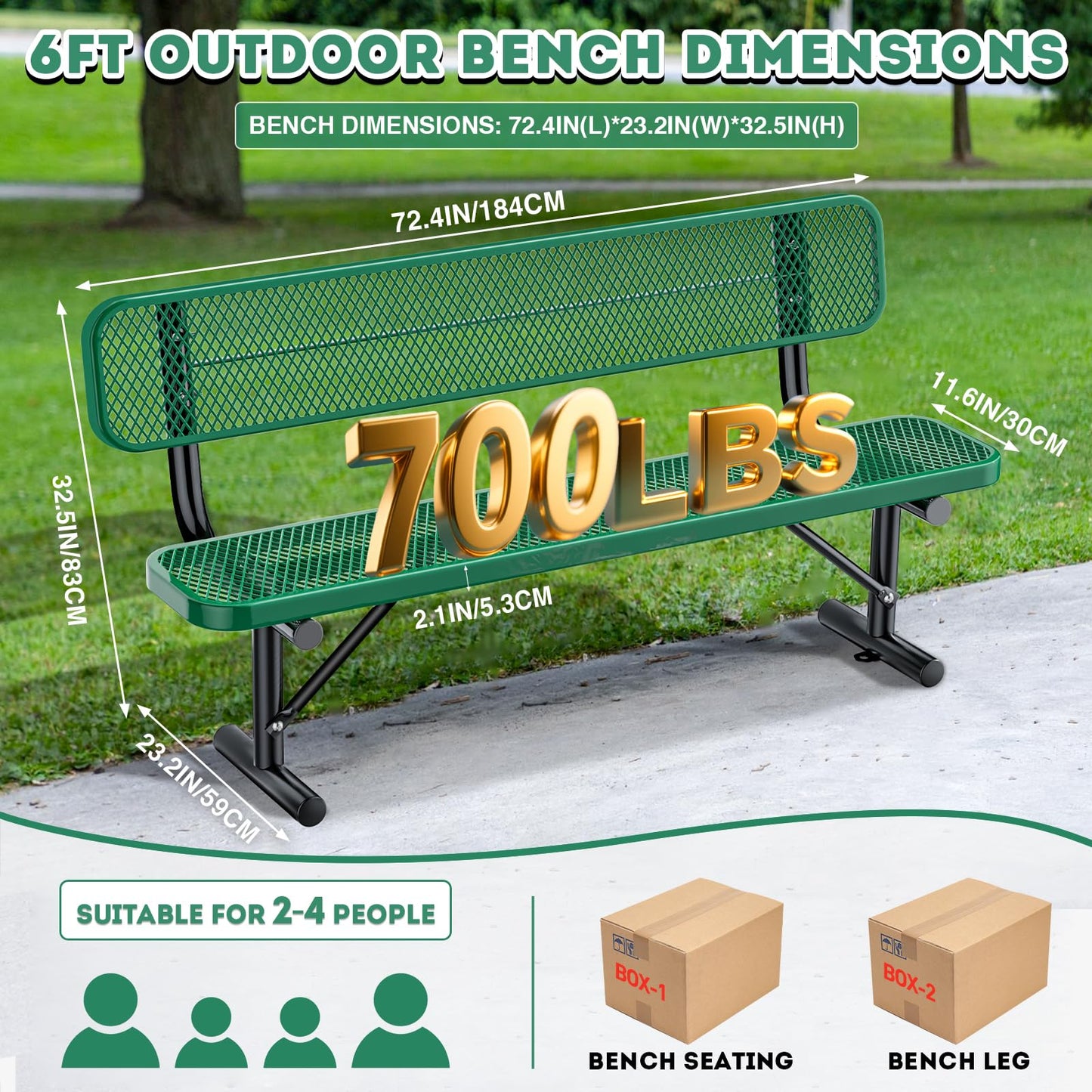 Gaonala 6Ft Heavy Duty Park Bench with Back Portable Frame, Outdoor Steel Bench with Backrest, Expanded Metal Mesh Bench for Lawn, Park, Deck, Garden, Patio, Porch, Green