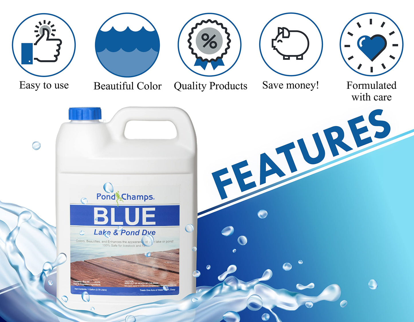 Blue Lake and Pond Dye - One Gallon of Professional Lake & Pond Dye - Treats Up to 1 Acre - Royal Blue Color - Safe for Fish, Wildlife, Pets & Children