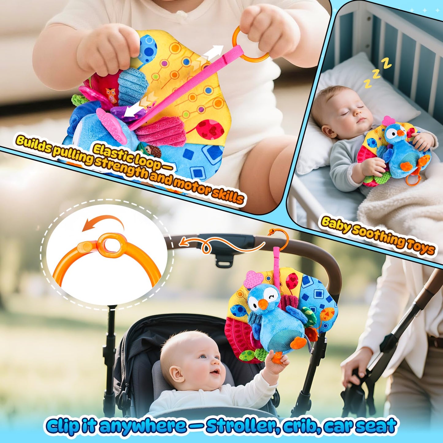 Baby Sensory Tummy Time Toys 0-3-6-12 Months, High Contrast Newborn Infant Peacock Toy, Washable Stuffed Animal Toy with Mirror Crinkle Rattle Teether,Baby Boy Girl Shower Gifts Easter Basket Stuffers