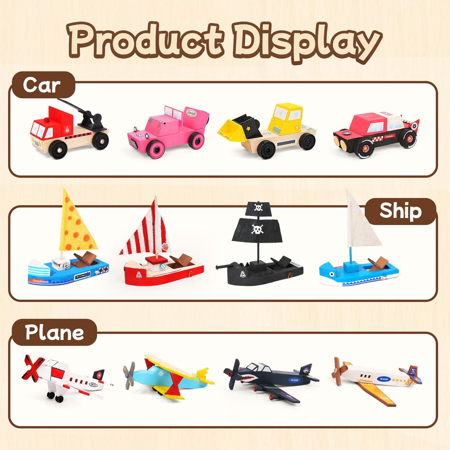 Wooden Build Paint Art Crafts Kit 3 Pack, Make Your Own Car Boat & Plane DIY Craft Toys for Kids Boys, STEM Educational Toy Set for Kids Ages 4-8, 8-12