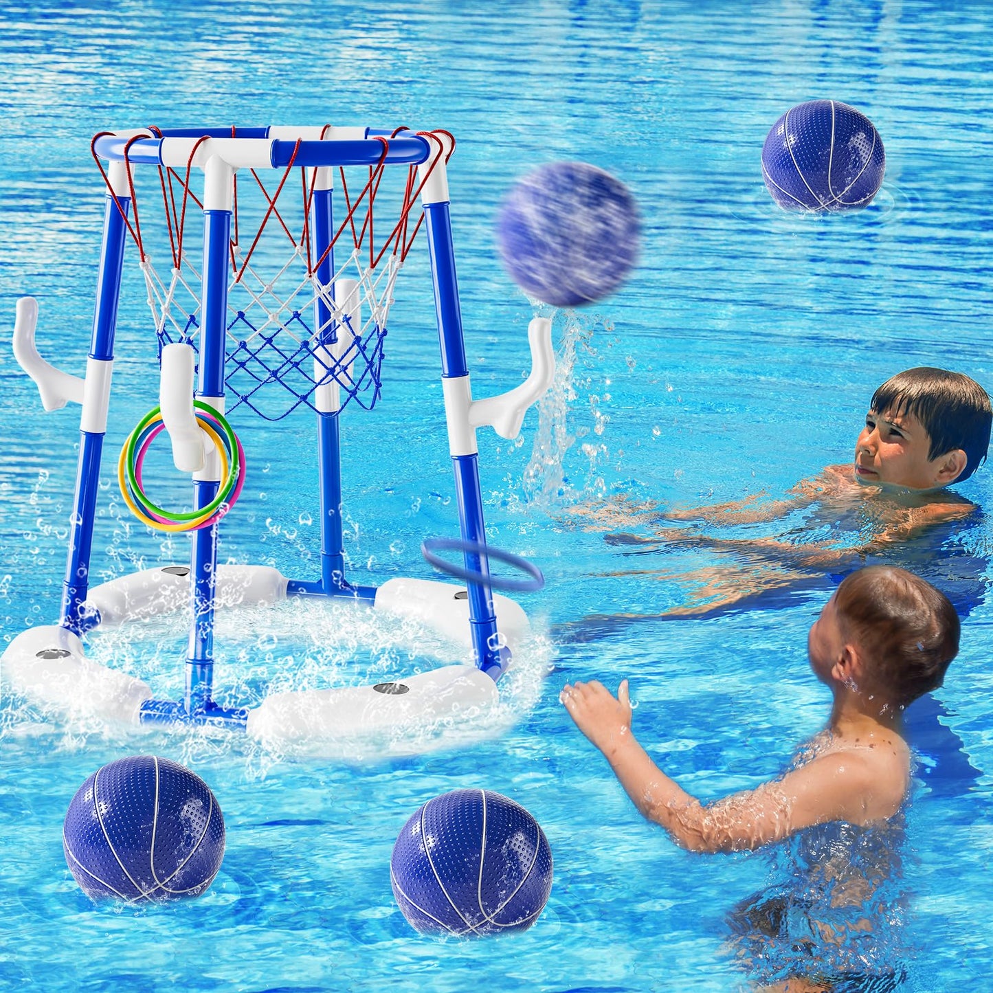 2-in-1 Pool Basketball Hoop & Ring Games with 4 Balls 12 Rings and Pump, Summer Water Outdoor Party Swimming Pool Toys Games for Kids Ages 4-8 8-12 Adult, Family Party Easter Birthday Games Toys