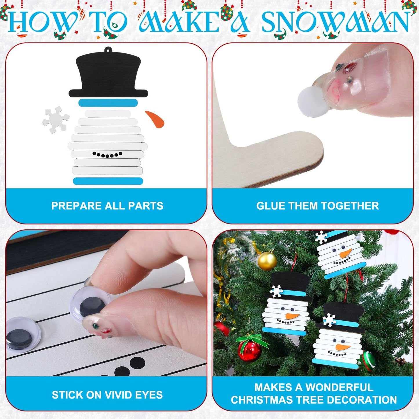Shellwei 24 Pcs Winter Snowman Stick Craft Ornament DIY Wooden Christmas Craft Snowman Stick Ornaments Winter Art and Crafts Hanging Decoration for Xmas Home Party Activity Supplies