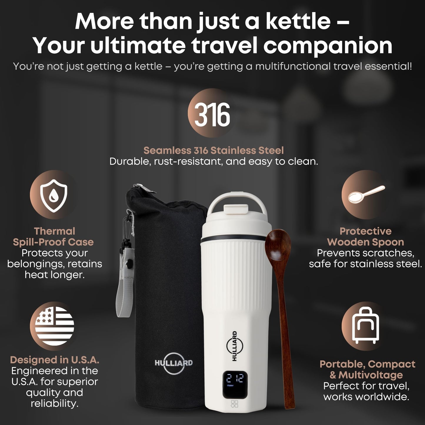 HULLIARD Travel Electric Kettle - 316 Stainless Steel, Portable Tea Kettle & Water Heater, 450ml Portable Water Boiler, 6 Temperature Settings, Auto Shut-Off, Universal Voltage (100-240V)